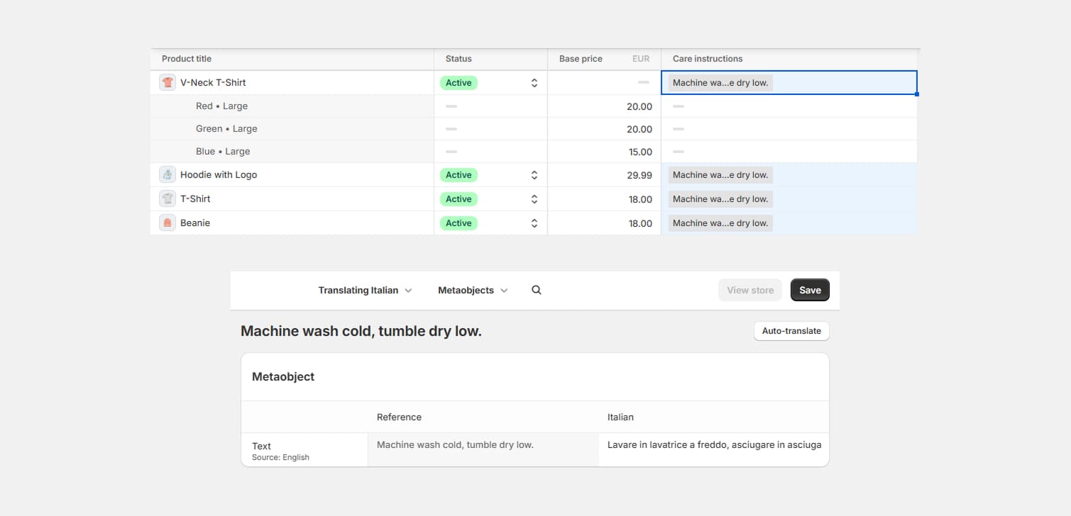 Translate once in Shopify using metaobjects